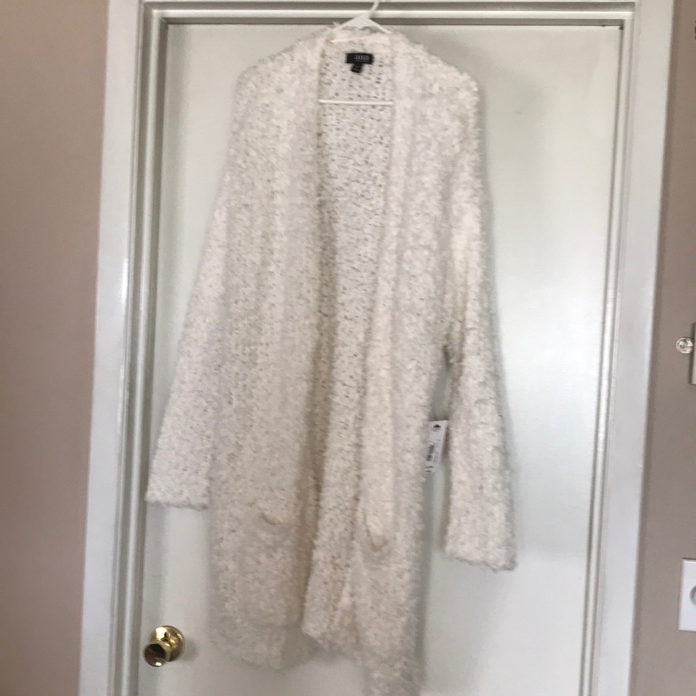 BWT white long open front sweater